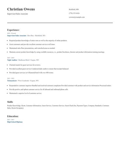 Supervisor/Sales Associate Resume