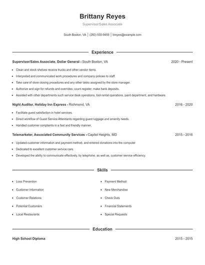 Supervisor/Sales Associate Resume
