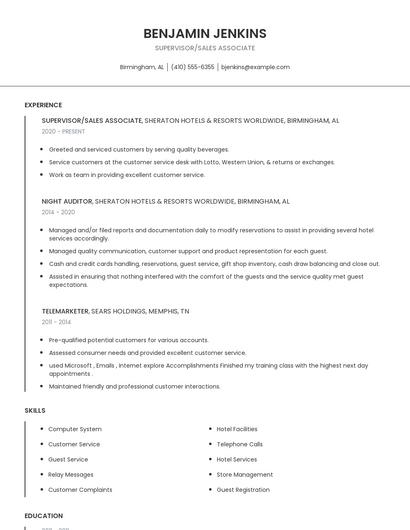 Supervisor/Sales Associate Resume