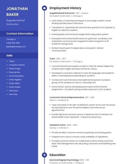 Supplemental Instructor Resume