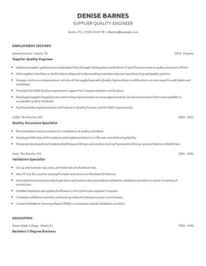 Supplier Quality Engineer Resume