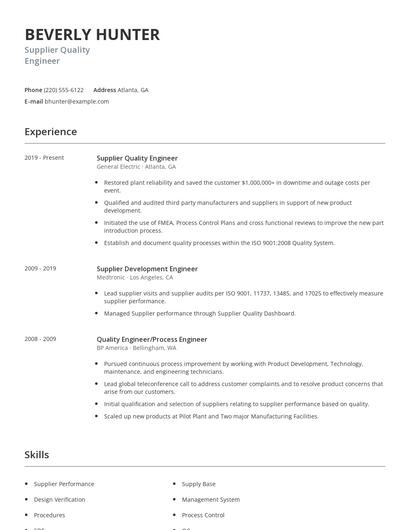 Supplier Quality Engineer Resume