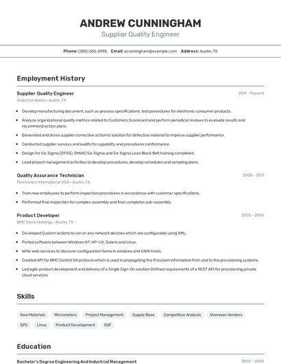 Supplier Quality Engineer Resume