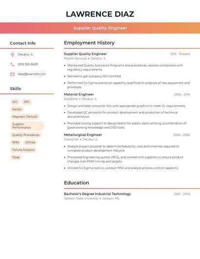 Supplier Quality Engineer Resume