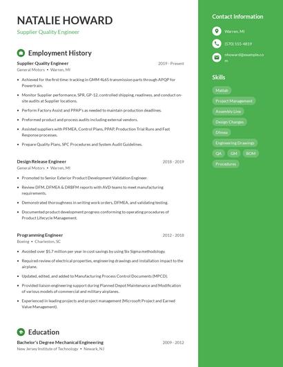 Supplier Quality Engineer Resume