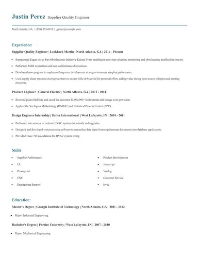 Supplier Quality Engineer Resume
