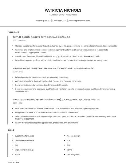 Supplier Quality Engineer Resume