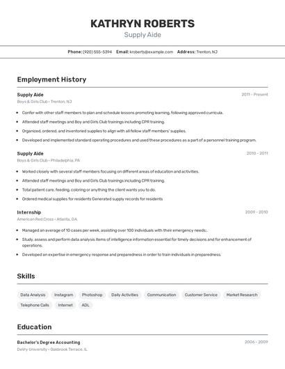 Supply Aide Resume