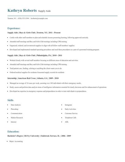 Supply Aide Resume