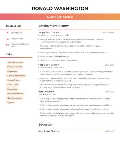 Supply Boat Captain Resume