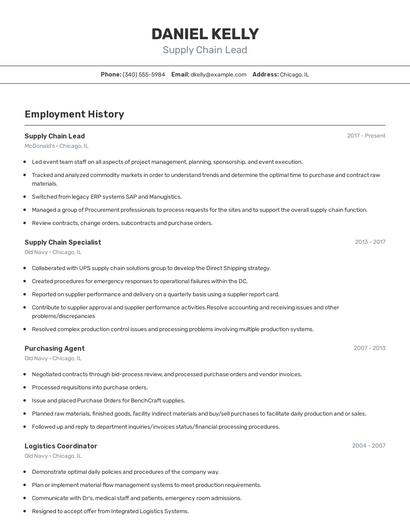 Supply Chain Lead Resume