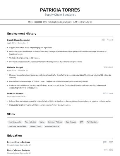 Supply Chain Specialist Resume