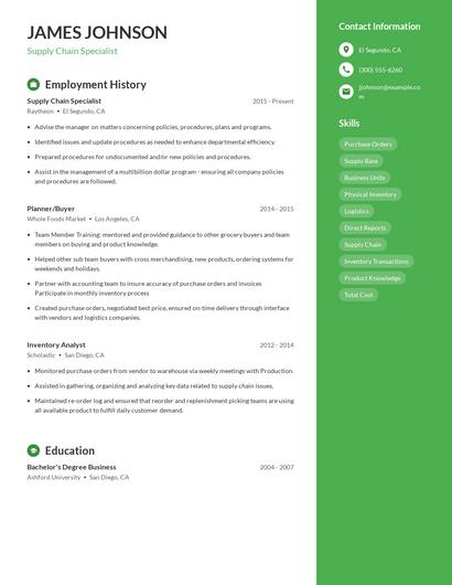 Supply Chain Specialist Resume