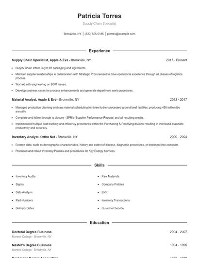 Supply Chain Specialist Resume