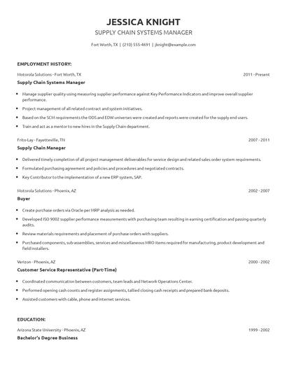 Supply Chain Systems Manager Resume