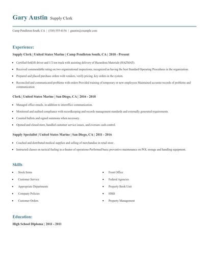 Supply Clerk Resume