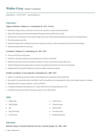 Supply Coordinator Resume