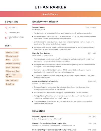 Supply Planner Resume