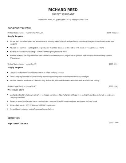 Supply Sergeant Resume