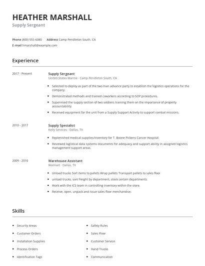 Supply Sergeant Resume