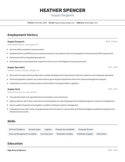 Supply Sergeant Resume
