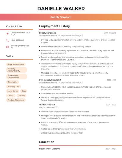 Supply Sergeant Resume