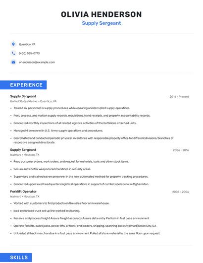 Supply Sergeant Resume