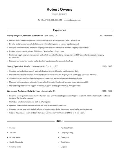 Supply Sergeant Resume