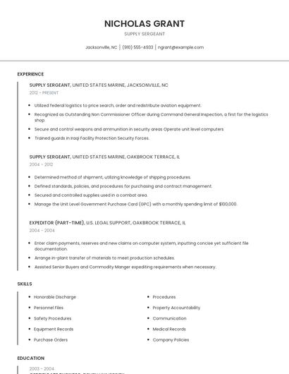 Supply Sergeant Resume