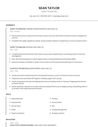 Supply Technician Resume
