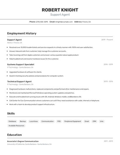 Support Agent Resume