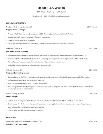 Support Center Manager Resume