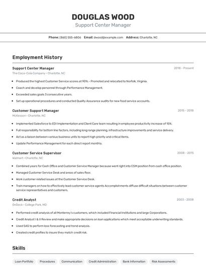 Support Center Manager Resume