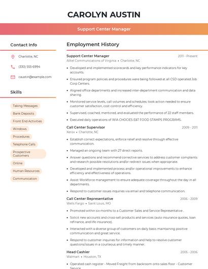 Support Center Manager Resume