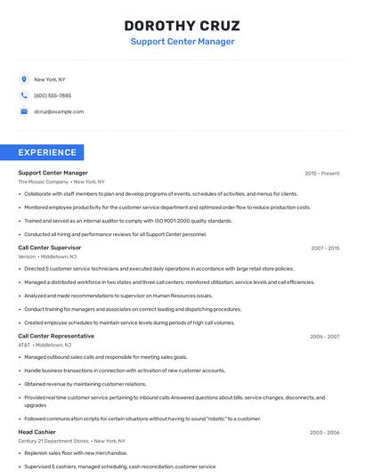 Support Center Manager Resume