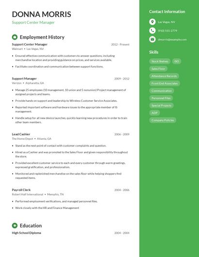 Support Center Manager Resume