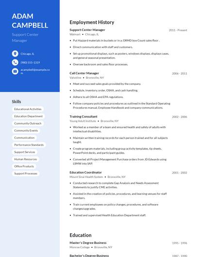 Support Center Manager Resume