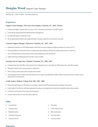 Support Center Manager Resume
