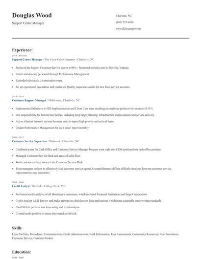 Support Center Manager Resume