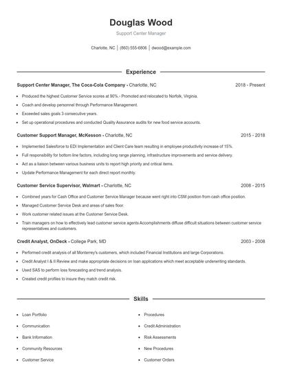 Support Center Manager Resume