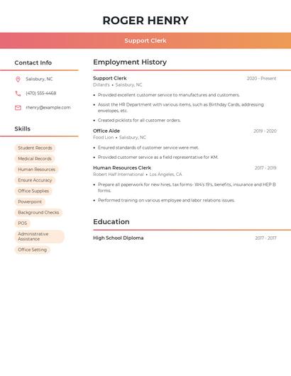 Support Clerk Resume