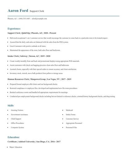 Support Clerk Resume