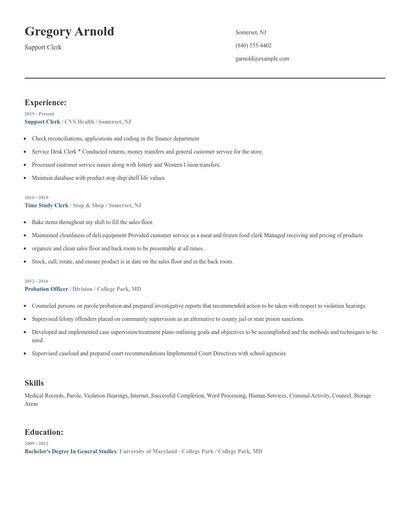Support Clerk Resume