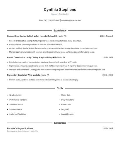 Support Coordinator Resume