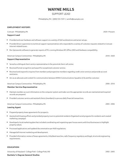 Support Lead Resume