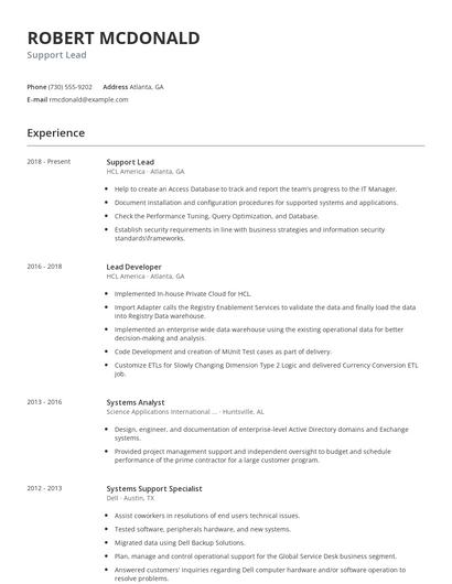 Support Lead Resume