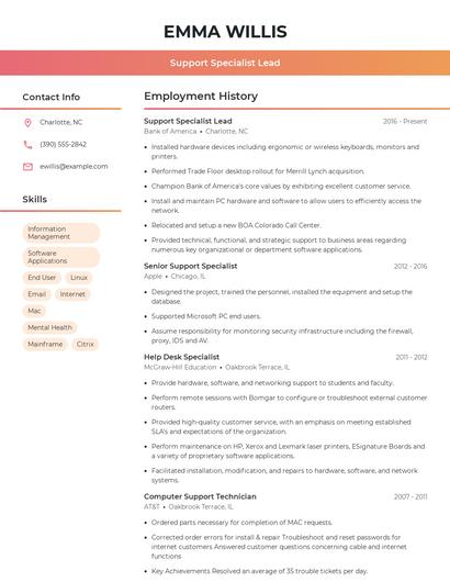 Support Specialist Lead Resume