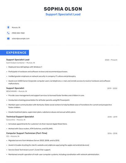 Support Specialist Lead Resume