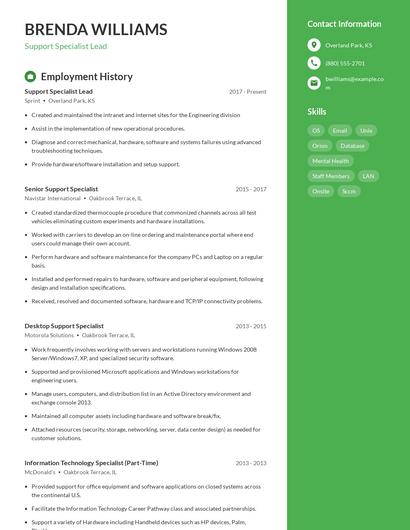 Support Specialist Lead Resume