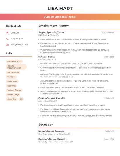 Support Specialist/Trainer Resume